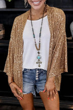Champagne Women's Sequin Loose Fit Cardigan with Ribbed Knit Texture & 3/4 Sleeves