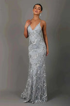 Grey Women's Spaghetti Strap Sequin Evening Gown with Plunging V-Neck & Cross-Back Design - Front Pose Studio