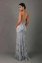 Women's Spaghetti Strap Sequin Evening Gown with Plunging V-Neck & Cross-Back Design