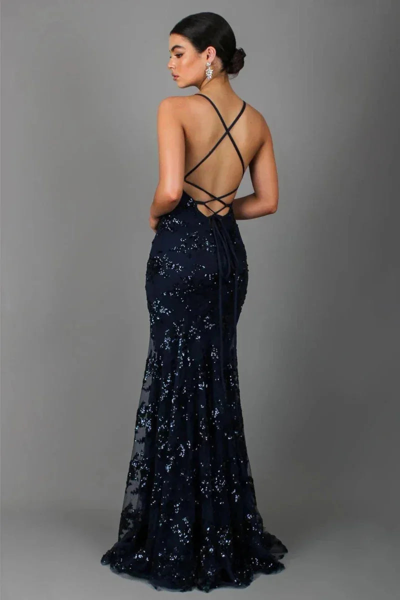 Women's Spaghetti Strap Sequin Evening Gown with Plunging V-Neck & Cross-Back Design - Back Detail