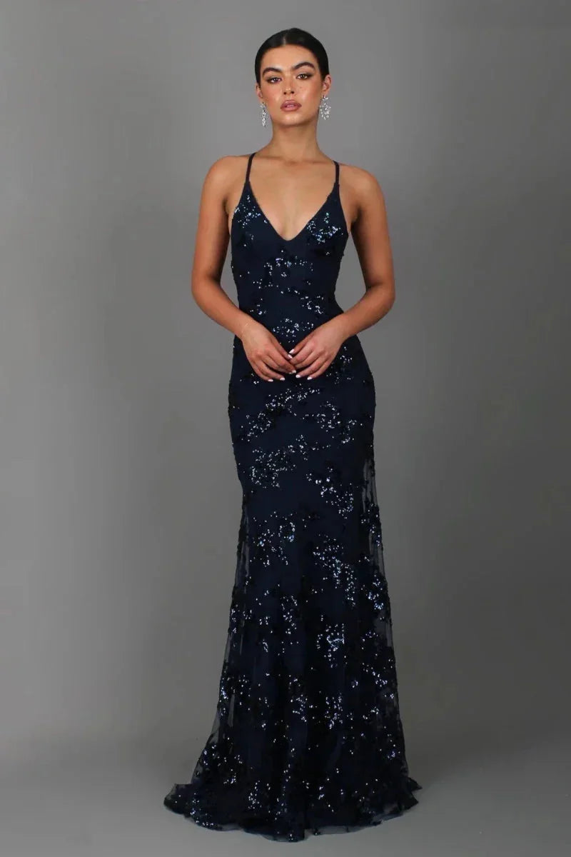 Women's Spaghetti Strap Sequin Evening Gown with Plunging V-Neck & Cross-Back Design