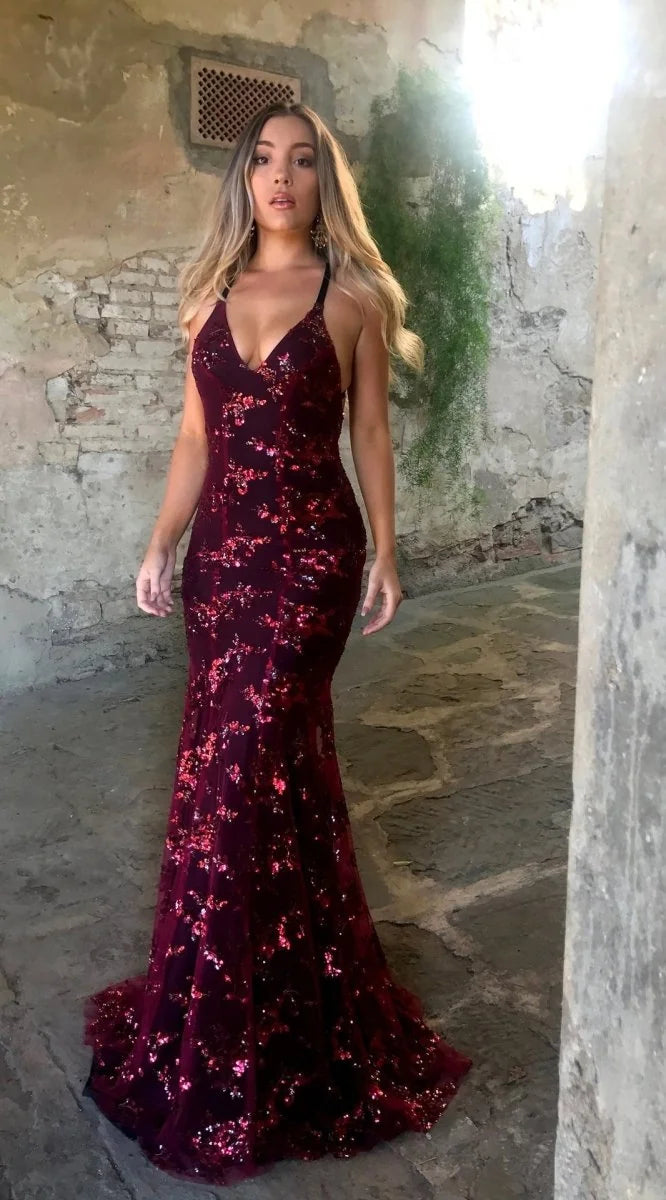 Wine Women's Spaghetti Strap Sequin Evening Gown with Plunging V-Neck & Cross-Back Design