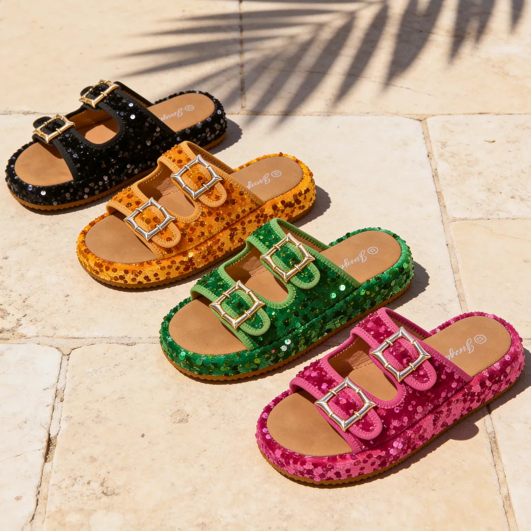 Black Women's Sequin Slide Sandals — Sable Buckle Platform Sparkle - Flat Lay Group