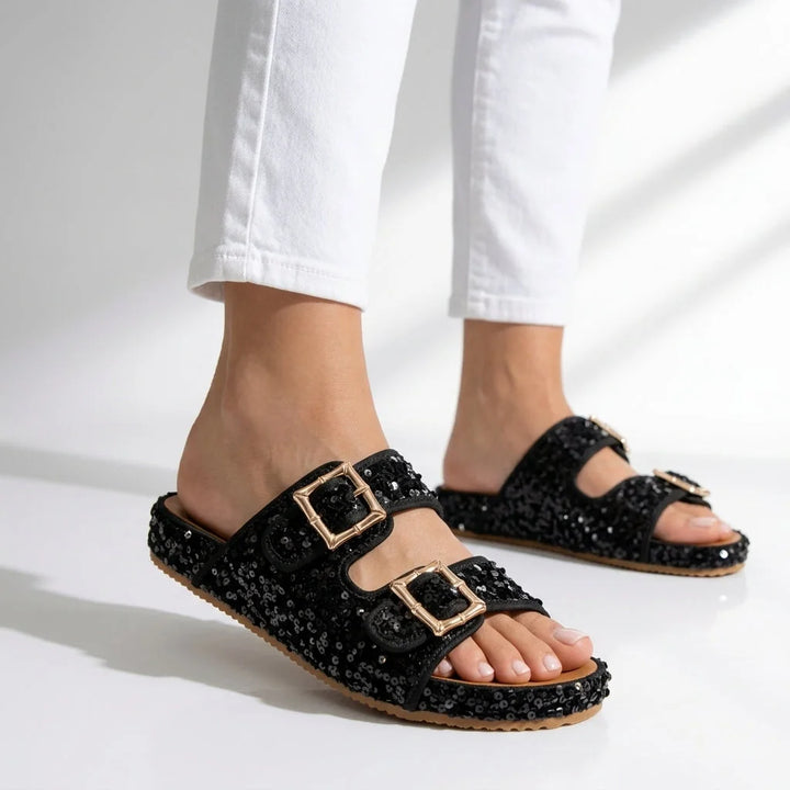 Black Women's Sequin Slide Sandals — Sable Buckle Platform Sparkle - Worn Casual