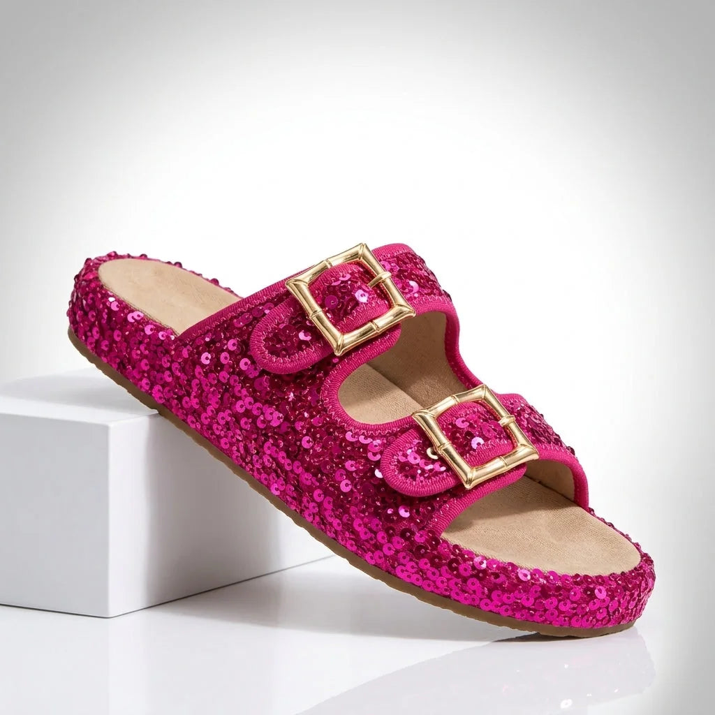 Fuschia Women's Sequin Slide Sandals — Sable Buckle Platform Sparkle - Angled Product