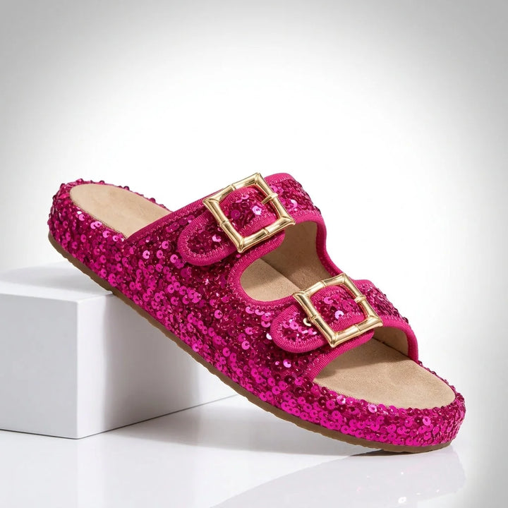 Fuschia Women's Sequin Slide Sandals — Sable Buckle Platform Sparkle - Angled Product