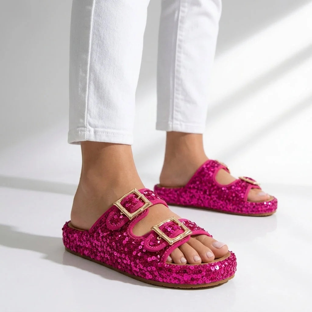 Fuschia Women's Sequin Slide Sandals — Sable Buckle Platform Sparkle - Worn Front