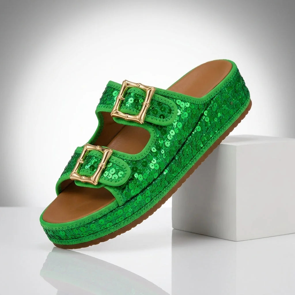 Green Women's Sequin Slide Sandals — Sable Buckle Platform Sparkle - Front Angle
