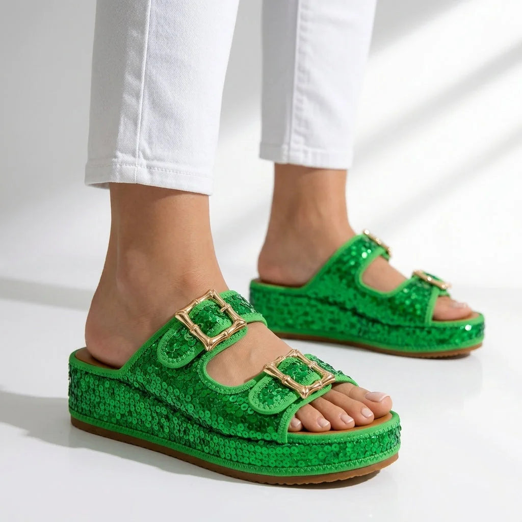 Green Women's Sequin Slide Sandals — Sable Buckle Platform Sparkle - Worn Standing