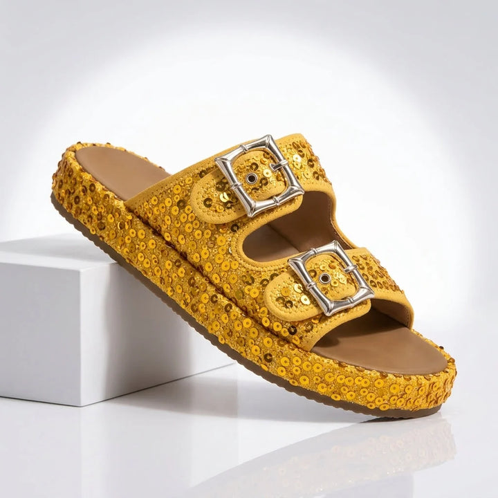 Yellow Women's Sequin Slide Sandals — Sable Buckle Platform Sparkle - Side Product