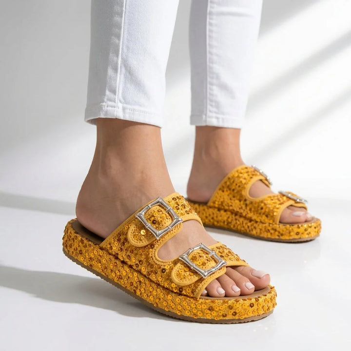 Yellow Women's Sequin Slide Sandals — Sable Buckle Platform Sparkle - Worn Lifestyle