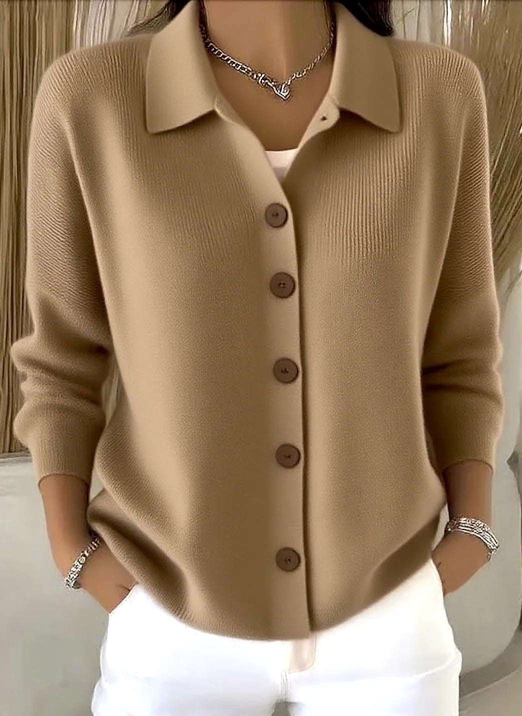 Brown Women's Shawl Collar Cardigan with Button Front & Relaxed Fit — Tilly