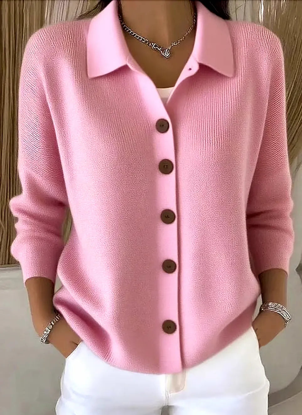 Pink Women's Shawl Collar Cardigan with Button Front & Relaxed Fit