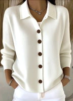 White Women's Shawl Collar Cardigan with Button Front & Relaxed Fit — Tilly