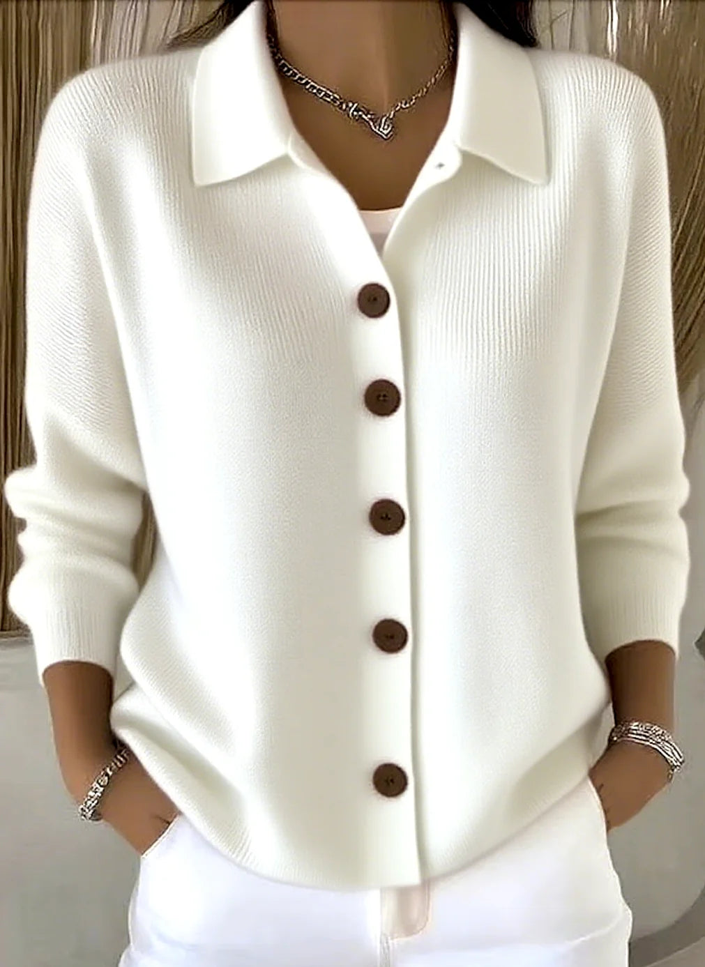 White Women's Shawl Collar Cardigan with Button Front & Relaxed Fit — Tilly