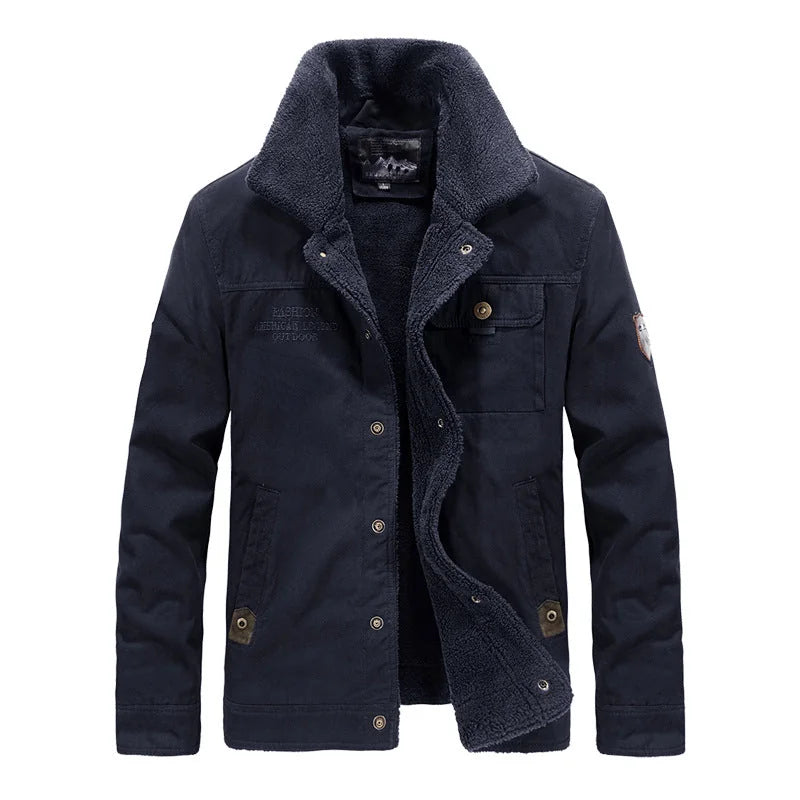 Dark Blue Men's Sherpa Field Jacket with Stand Collar & Snap-Button Front