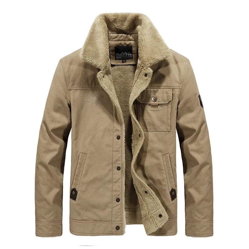 Khaki Men's Sherpa Field Jacket with Stand Collar & Snap-Button Front