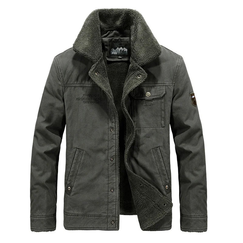 Olive Green Men's Sherpa Field Jacket with Stand Collar & Snap-Button Front — Archie - Front Closeup