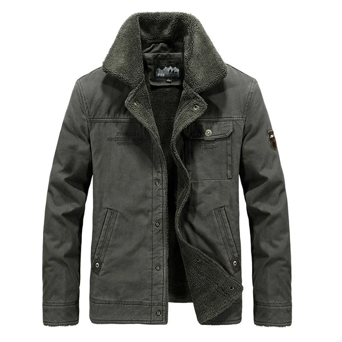 Olive Green Men's Sherpa Field Jacket with Stand Collar & Snap-Button Front