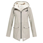 Beige Women's Sherpa Lined Hooded Jacket with Relaxed Fit & Drawstring Hood