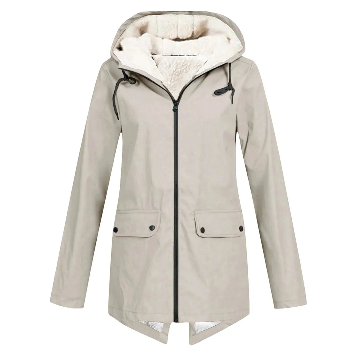 Beige Women's Sherpa Lined Hooded Jacket with Relaxed Fit & Drawstring Hood