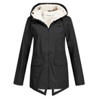 Black Women's Sherpa Lined Hooded Jacket with Relaxed Fit & Drawstring Hood
