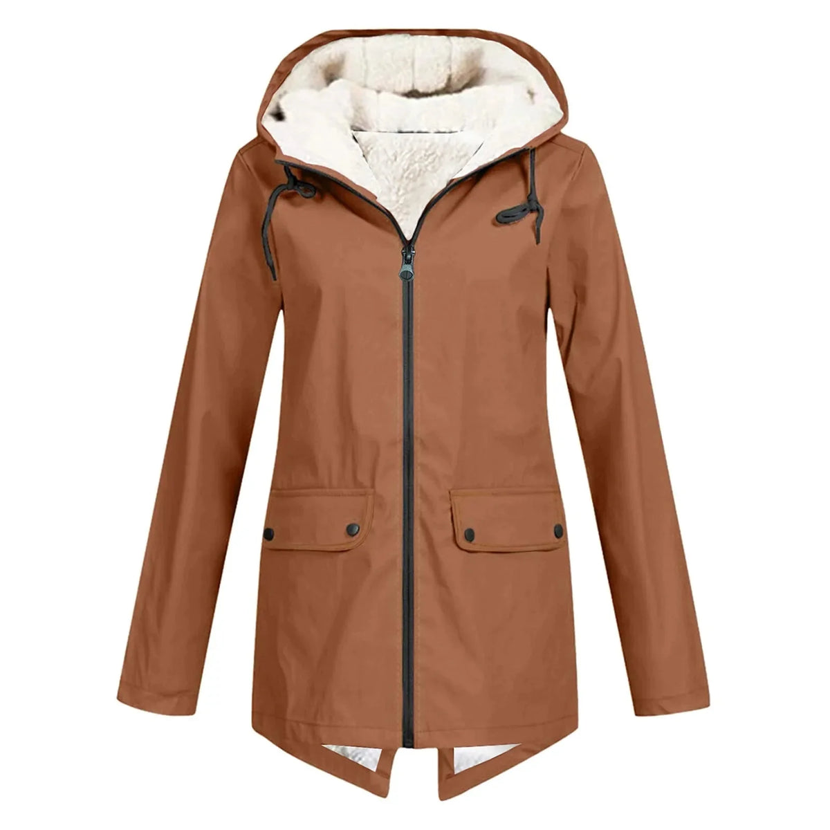 Brown Women's Sherpa Lined Hooded Jacket with Relaxed Fit & Drawstring Hood
