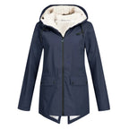 Dark Blue Women's Sherpa Lined Hooded Jacket with Relaxed Fit & Drawstring Hood - Drawstring Detail
