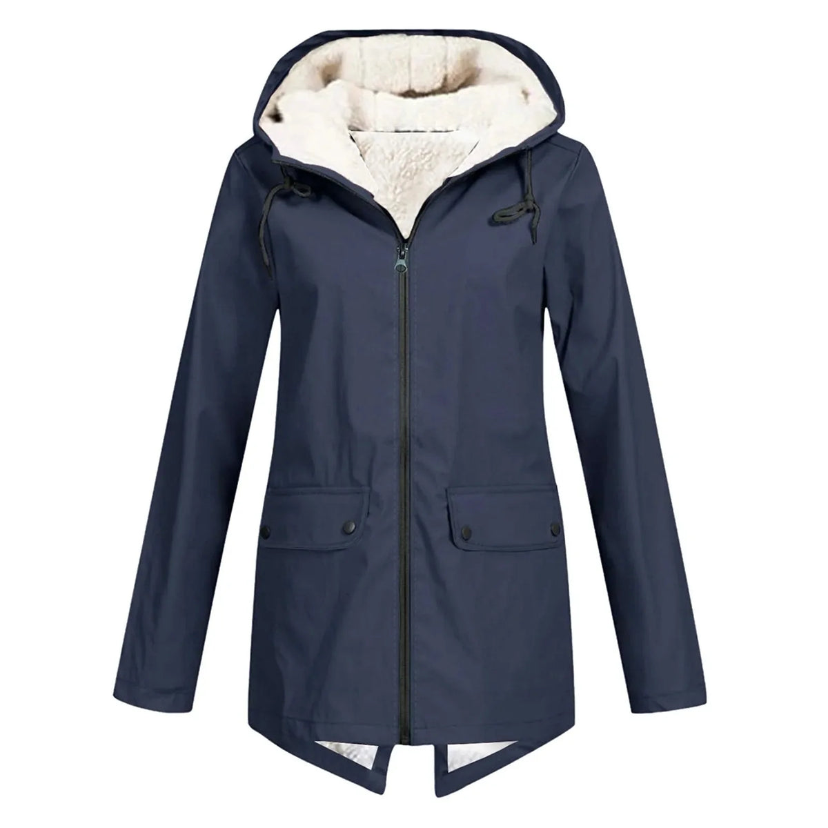 Dark Blue Women's Sherpa Lined Hooded Jacket with Relaxed Fit & Drawstring Hood - Drawstring Detail