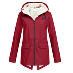 Red Women's Sherpa Lined Hooded Jacket with Relaxed Fit & Drawstring Hood