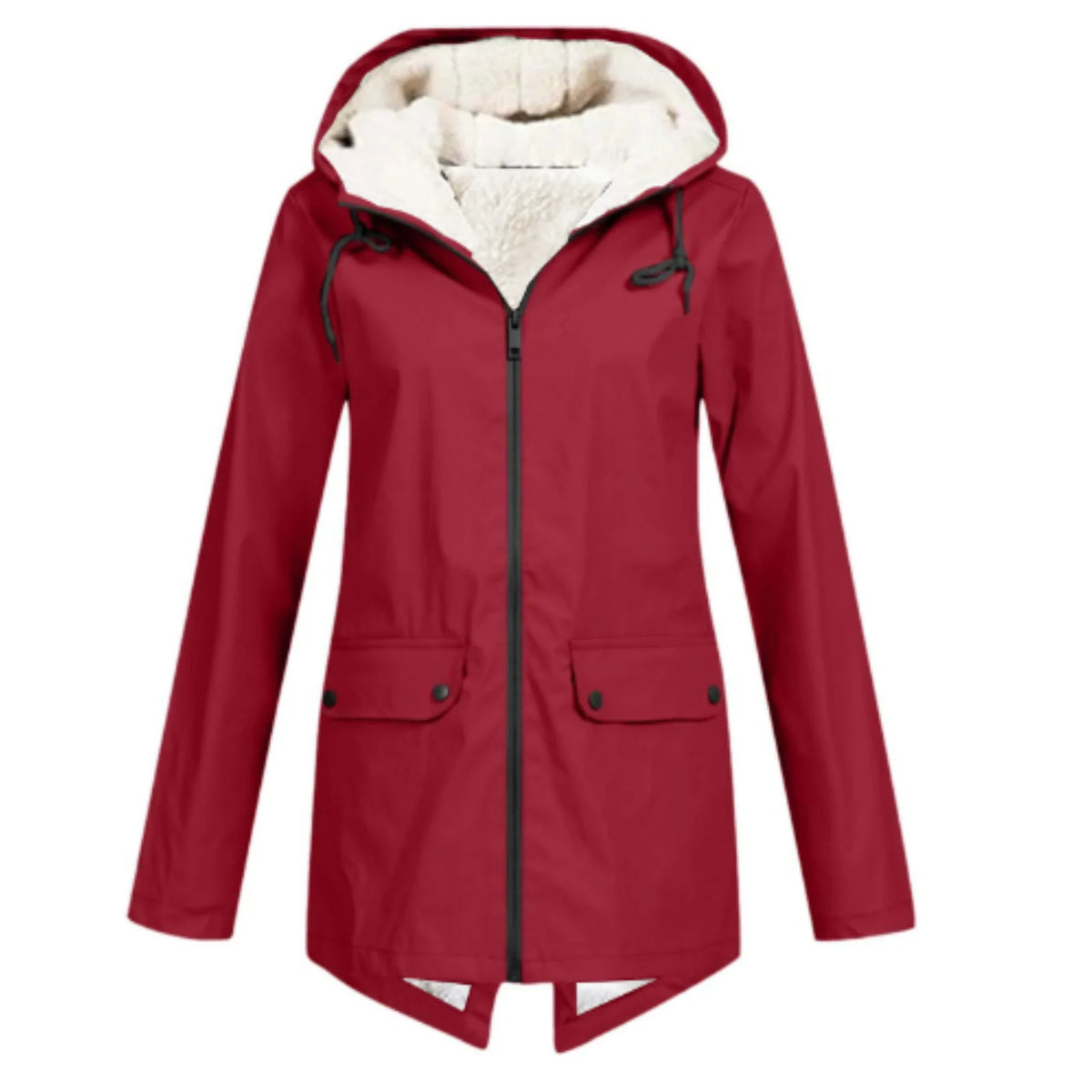 Red Women's Sherpa Lined Hooded Jacket with Relaxed Fit & Drawstring Hood