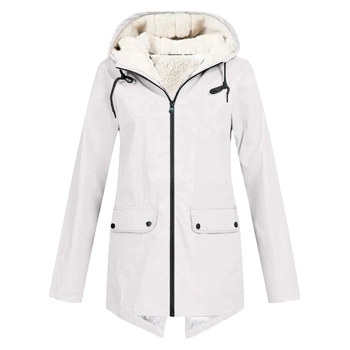 White Women's Sherpa Lined Hooded Jacket with Relaxed Fit & Drawstring Hood