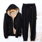 Black Women's Sherpa Hoodie Set with Zip-Up Front & Drawstring Joggers
