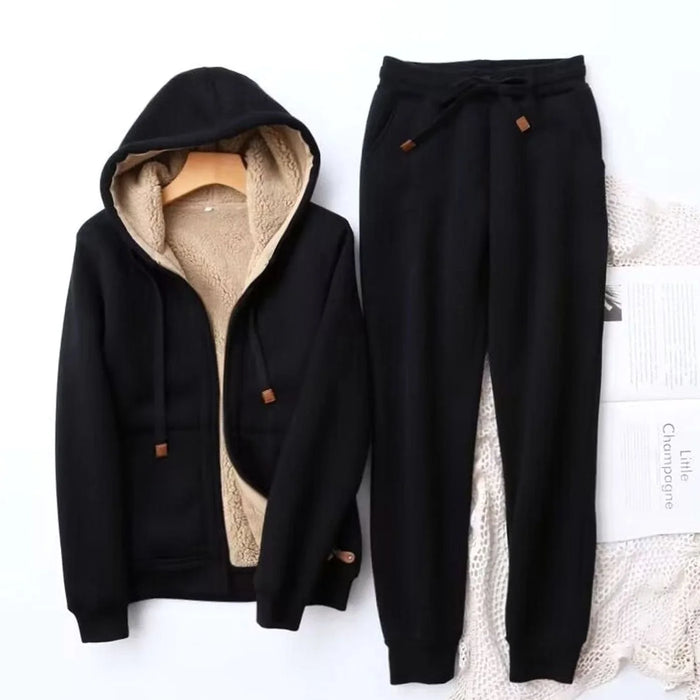 Black Women's Sherpa Hoodie Set with Zip-Up Front & Drawstring Joggers
