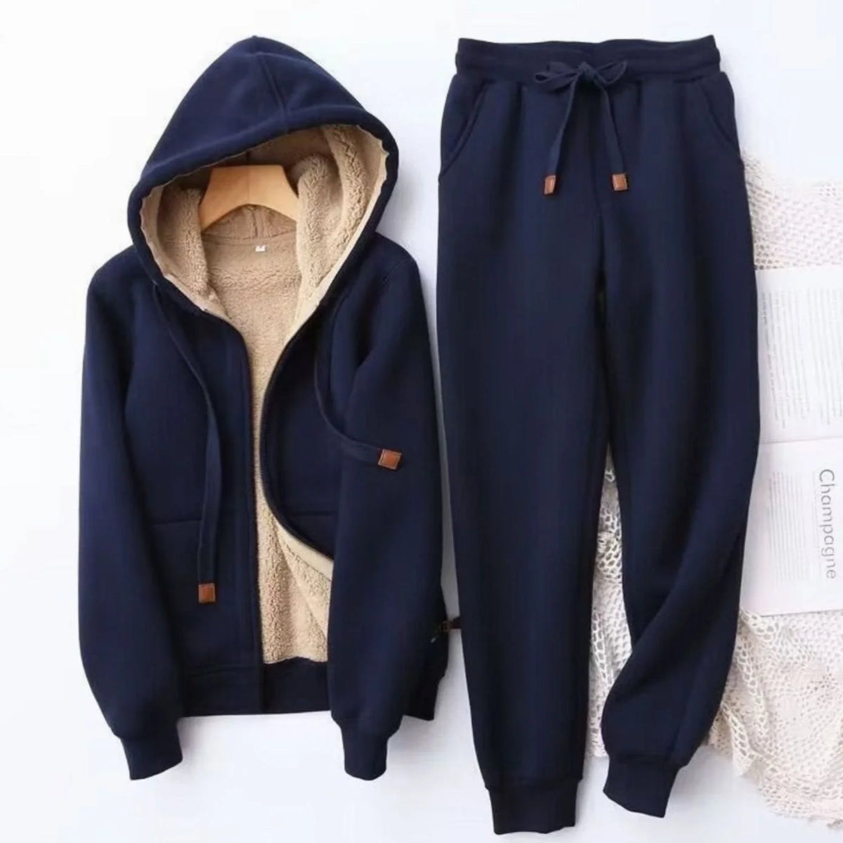 Blue Women's Sherpa Hoodie Set with Zip-Up Front & Drawstring Joggers