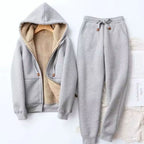 Grey Women's Sherpa Hoodie Set with Zip-Up Front & Drawstring Joggers