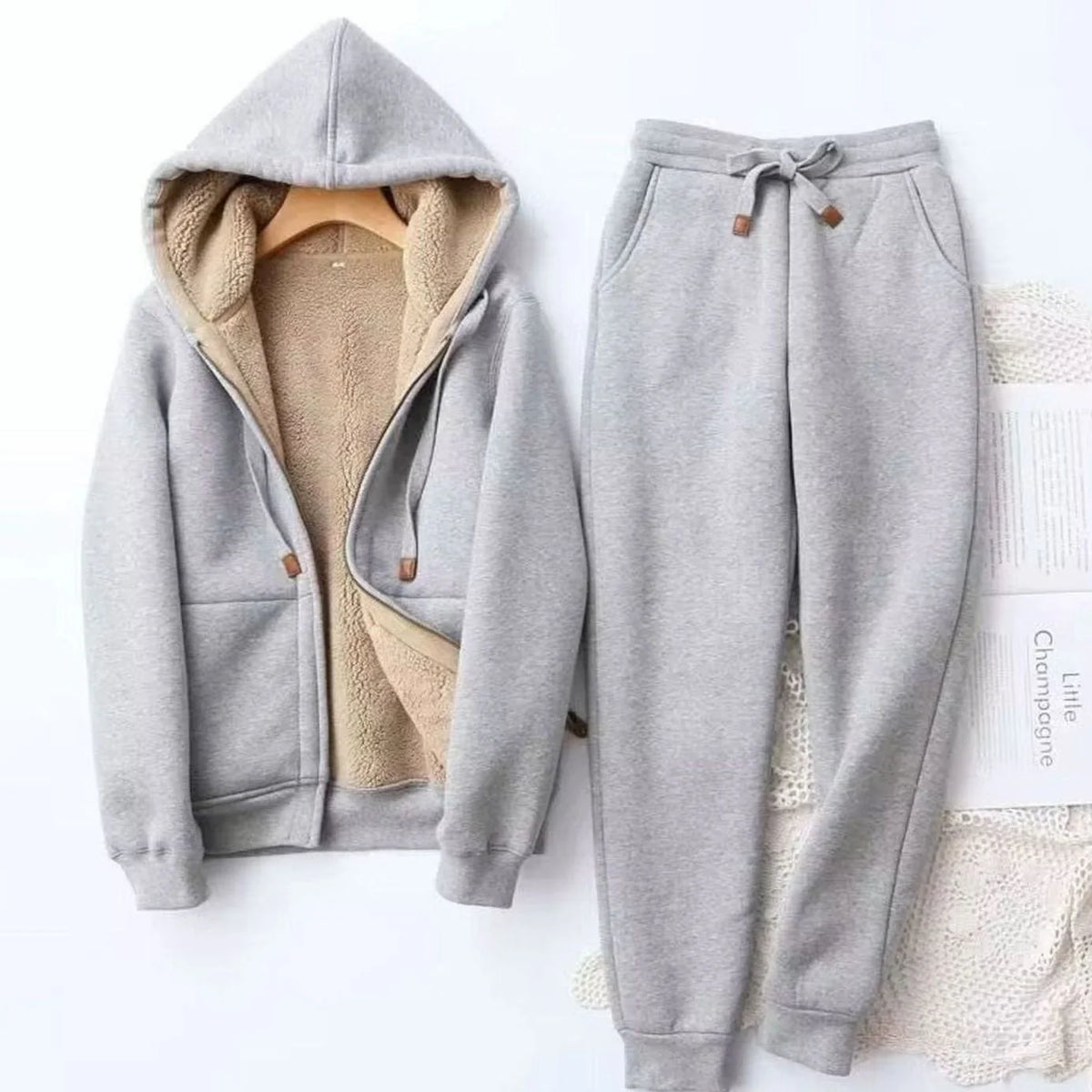 Grey Women's Sherpa Hoodie Set with Zip-Up Front & Drawstring Joggers