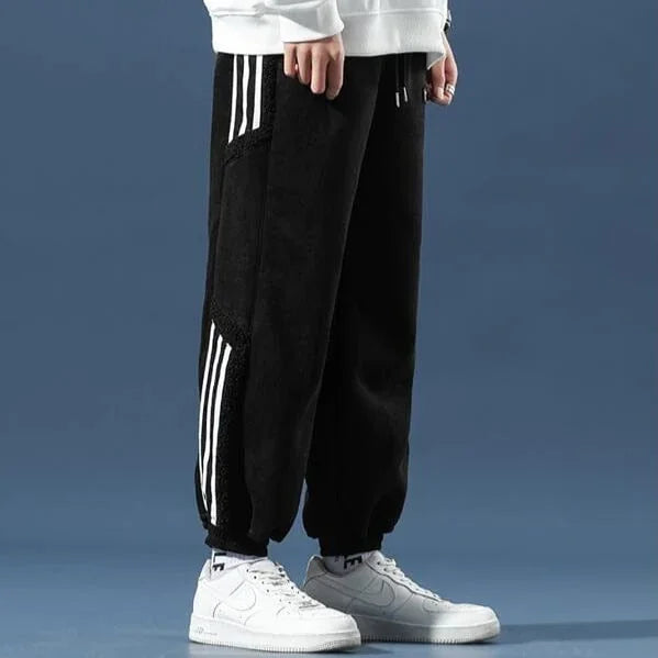 Black Men's Sherpa-Lined Jogger Pants with Striped Side Panels
