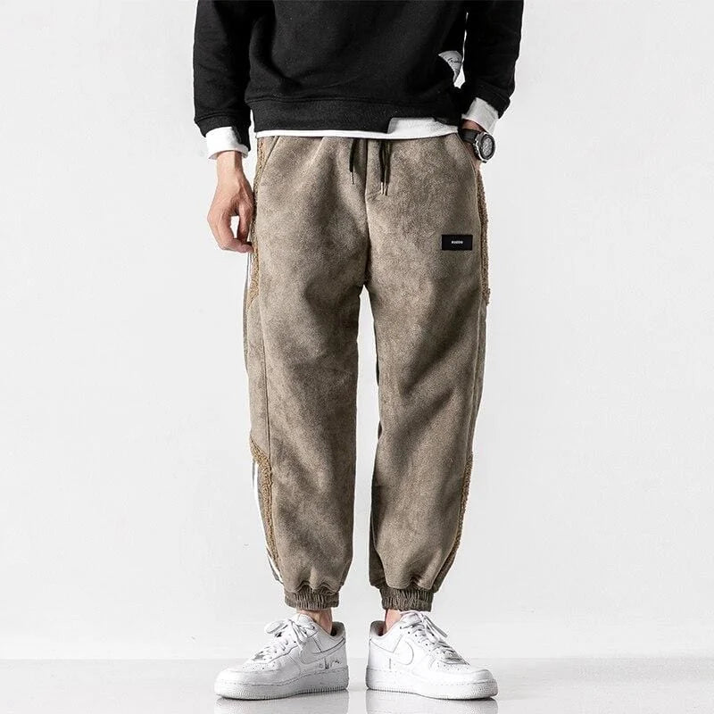 Men's Sherpa-Lined Jogger Pants with Striped Side Panels - Front Full