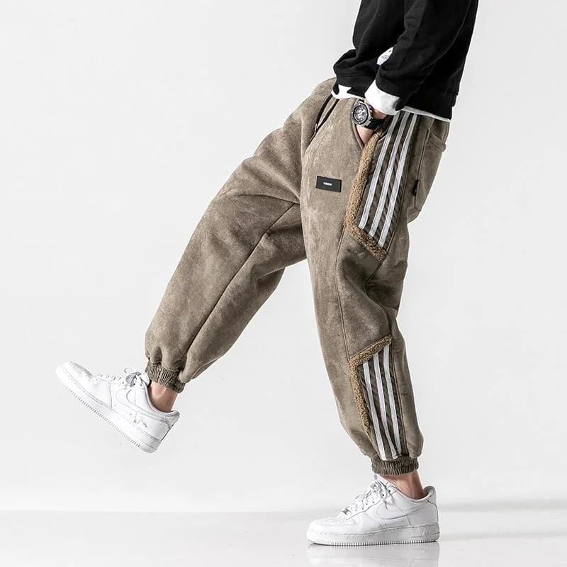 Men's Sherpa-Lined Jogger Pants with Striped Side Panels - Model Walking