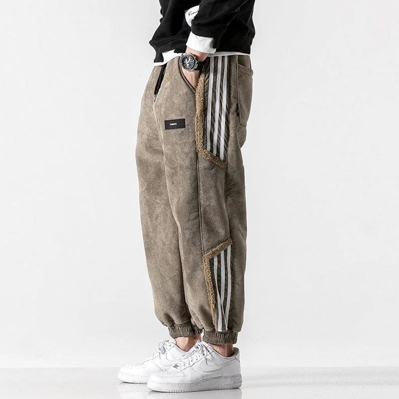 Brown Men's Sherpa-Lined Jogger Pants with Striped Side Panels