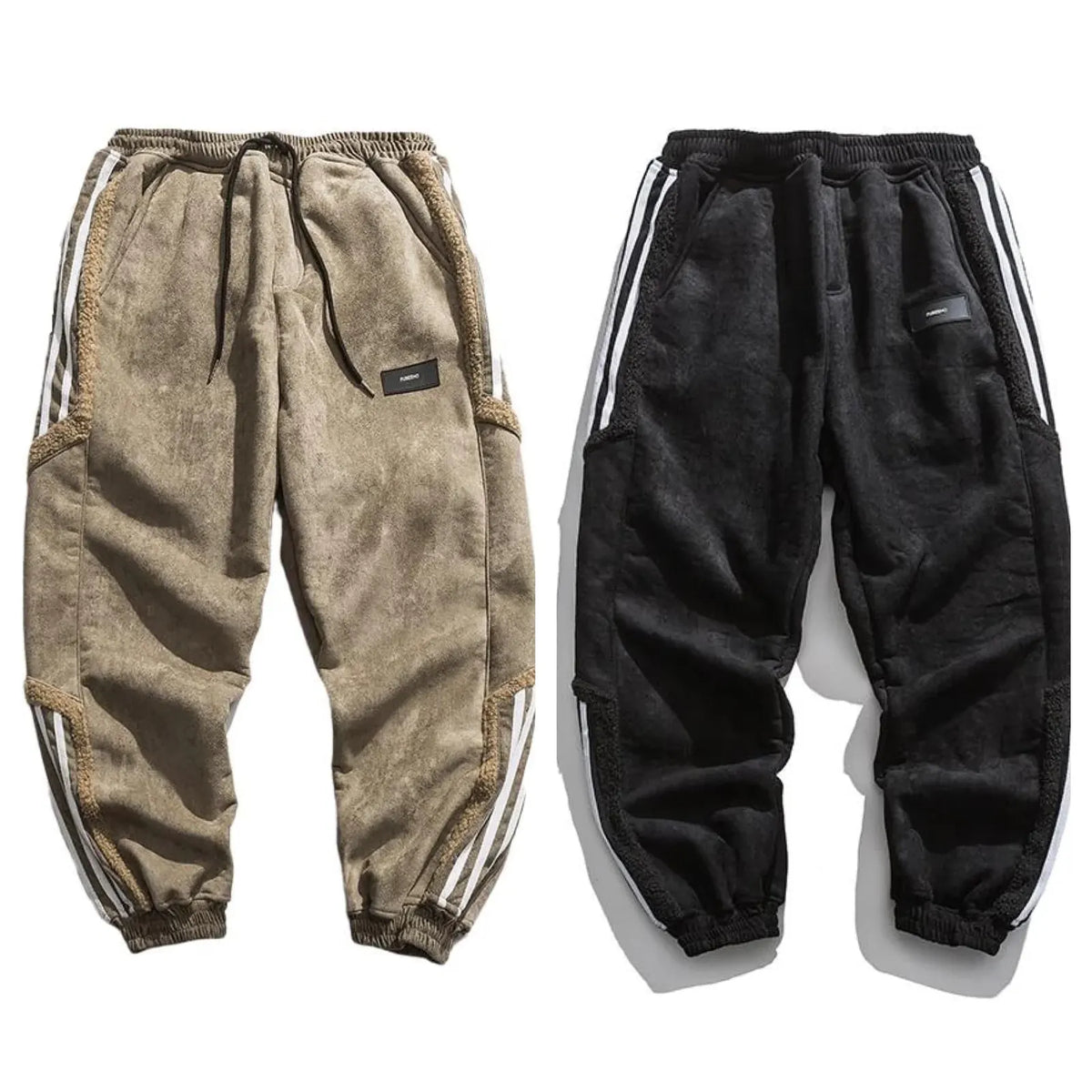 Men's Sherpa-Lined Jogger Pants with Striped Side Panels - Flat Lay Comparison