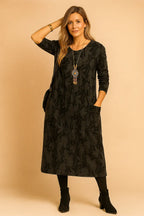 Black Women's Winter Dress with Long Sleeves & Patch Pockets