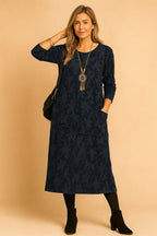 Blue Women's Winter Dress with Long Sleeves & Patch Pockets — Gabrielle