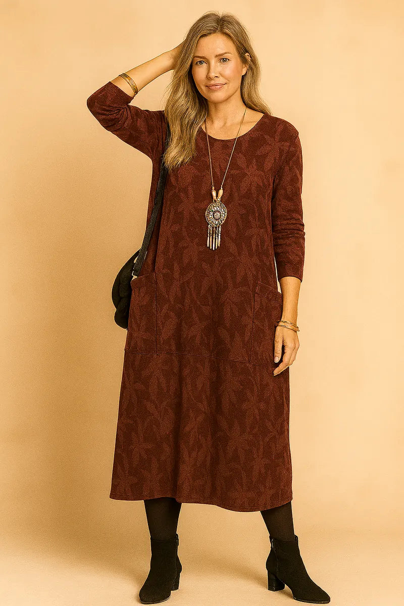 Burgundy Women's Winter Dress with Long Sleeves & Patch Pockets