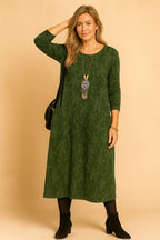 Green Women's Winter Dress with Long Sleeves & Patch Pockets