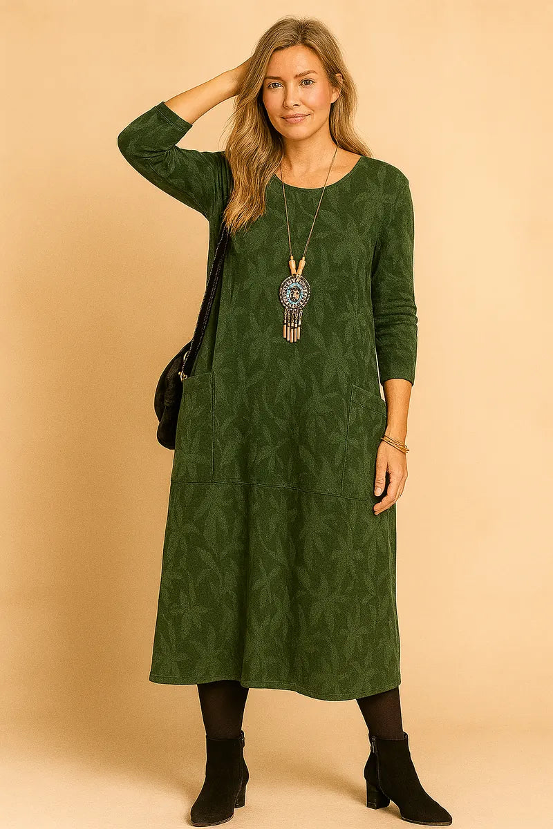 Green Women's Winter Dress with Long Sleeves & Patch Pockets