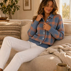 Women's Plaid Cardigan with Structured Collar & Ribbed Knit Cuffs - Orange Plaid Couch Lifestyle