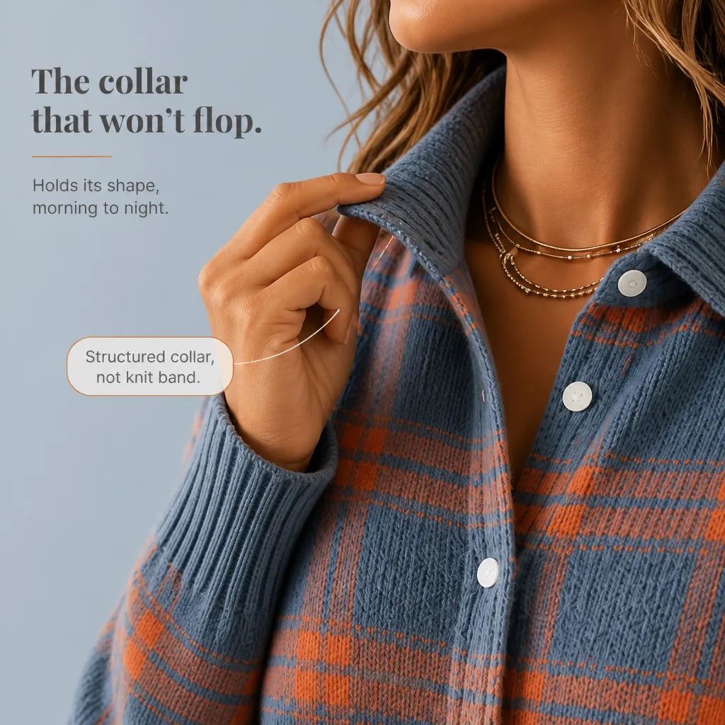 Women's Plaid Cardigan with Structured Collar & Ribbed Knit Cuffs - Orange Plaid Infographic Collar