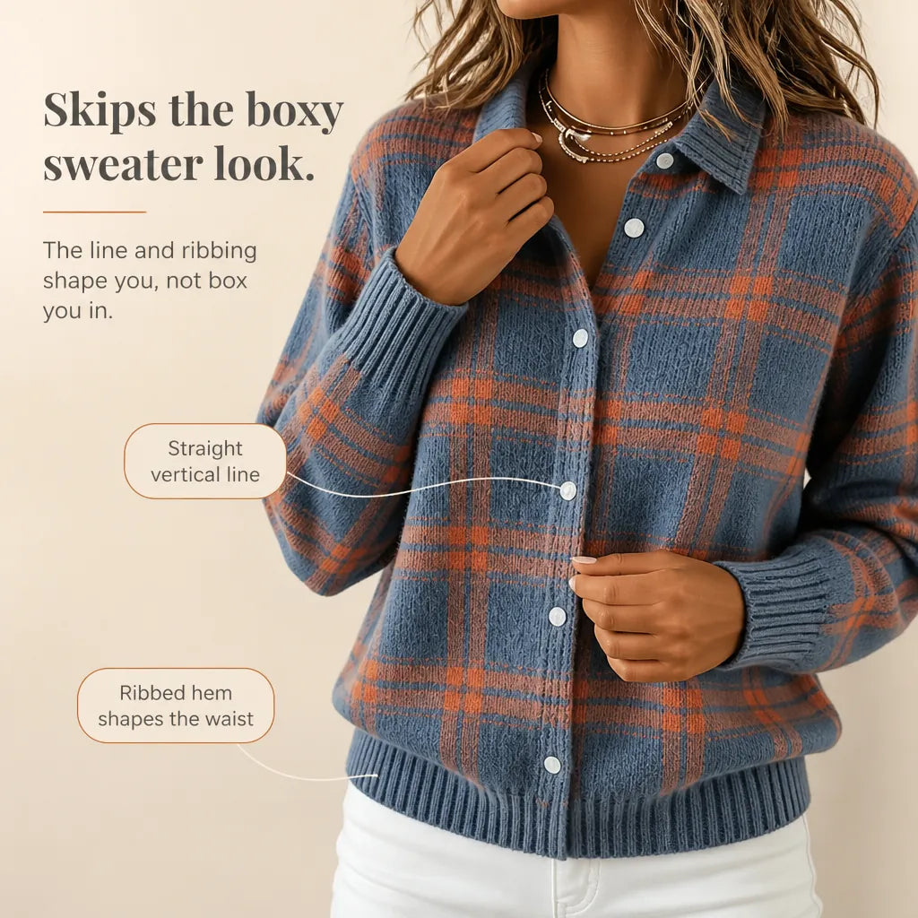 Women's Plaid Cardigan with Structured Collar & Ribbed Knit Cuffs - Orange Plaid Infographic Fit